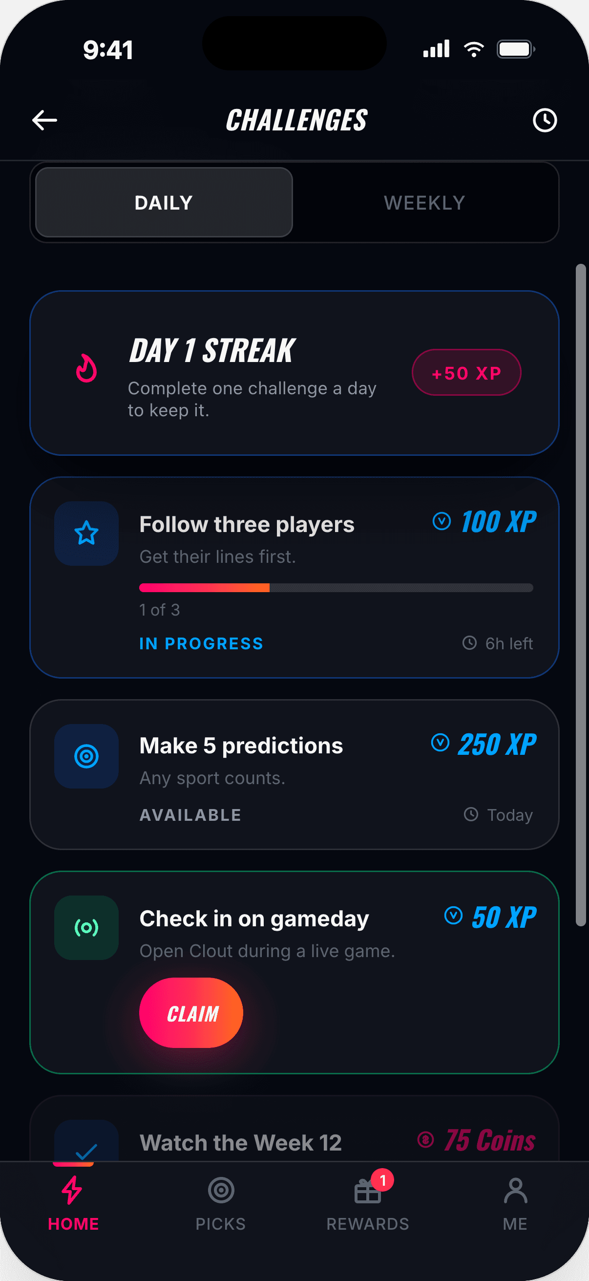 Clout Challenges screen showing Challenges in progress, claimable, and locked, each earning either XP or Coins depending on the Challenge.