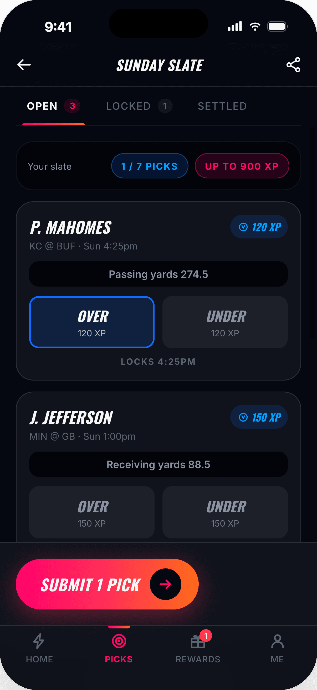 Clout Sunday Slate screen with pick'em matchups and player props for the week's football games.